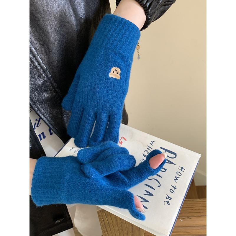 Cartoon Thermal Gloves Women Winter Thickened Cute Couple Student Cold Knitted Wool Riding Five Fingers