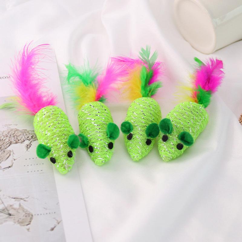 Jucărie de șoarece cu pene țesute verde, rezistentă la mușcături, rezistentă la zgârieturi, jucărie interactivă pentru pisica de companie