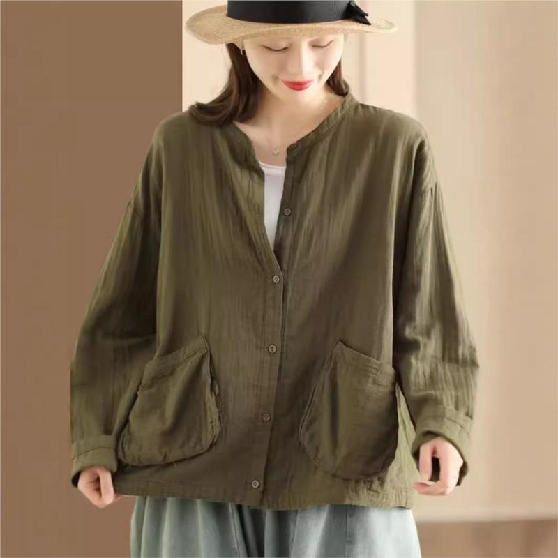 Johnature Femeie de toamnă de culoare uni cu mâneci lungi ocazional cămașă retro lejeră, stil vintage, cămașă cu un singur piept.