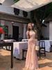 Lace splicing printing suspender dress women's summer mesh fishtail skirt design waist skirt hip-wrapped long dress