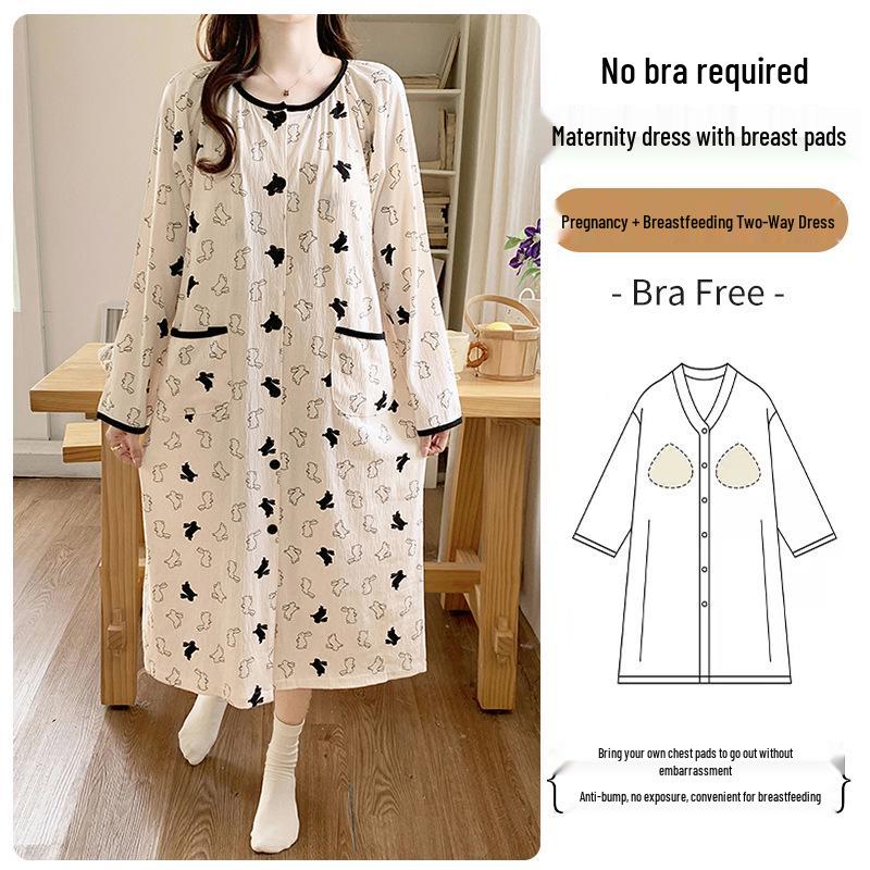 Long Sleeve Maternity Nightgown: Spring & Autumn Breastfeeding Pajamas with Cardigan for Pregnant Women
