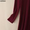 VONDA Autumn Women Long Sleeve Stitching Texture Rib Knitted Casual Bodycon Long Dress