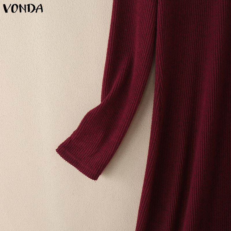 VONDA Autumn Women Long Sleeve Stitching Texture Rib Knitted Casual Bodycon Long Dress