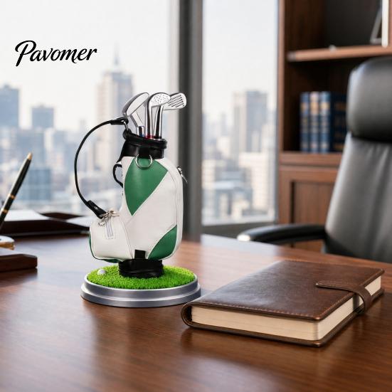 Golf Themed Office Decor Pen Holder Set, Mini Bag Desk Organizer with 3 Gift for Men Club Pens, Novelty Men, Business Boss