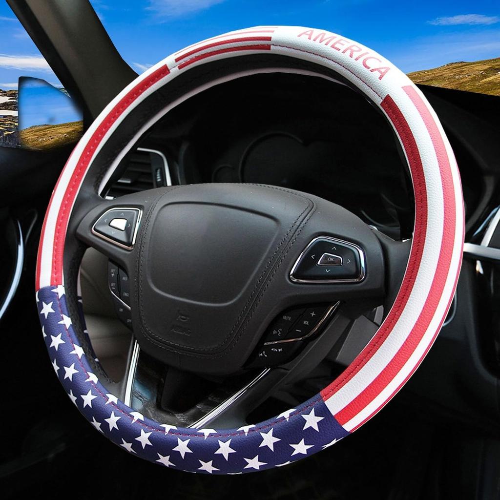 Dotesy Leather Auto Steering Wheel Cover, Fashion Flag Style Car Steering Wheel Cover Protector Universal for 36.5-38cm (n Flag)