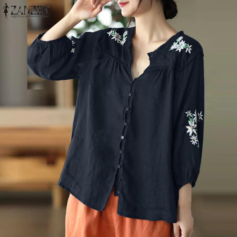 ZANZEA Lässige Bluse mit V-Ausschnitt und 3/4-Ärmeln für Damen