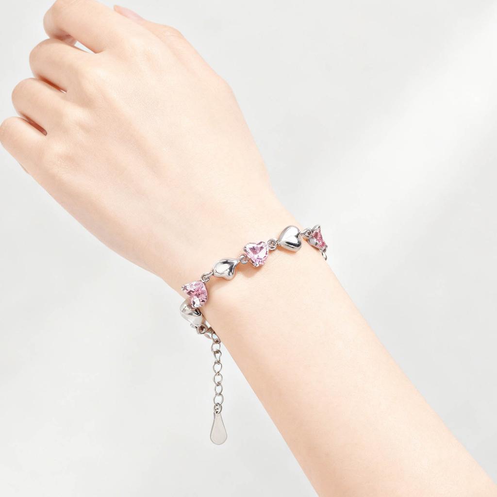 Women Bracelet S925 Silver Heart Rhinestone Simple Style Accessory Present for Friends Blue
