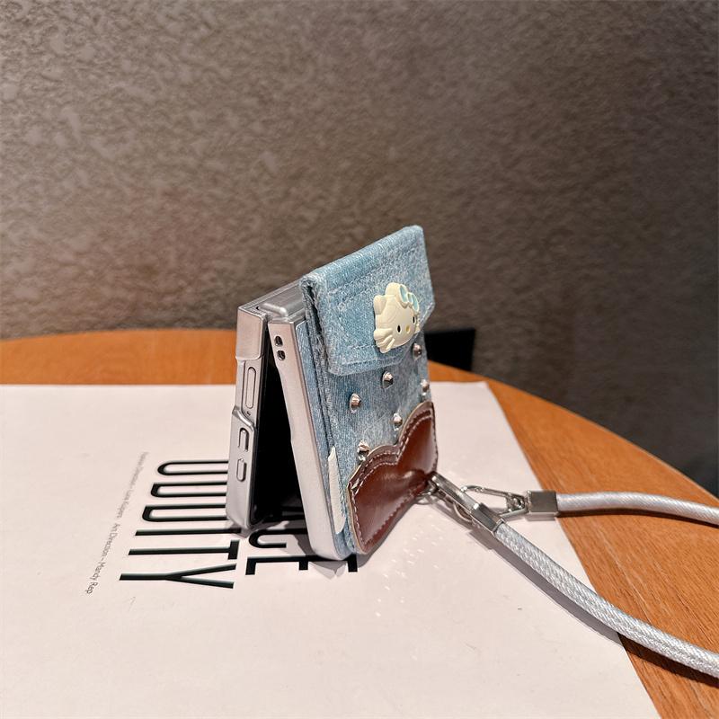 Fashion Cute Hellokitty Diamond Card Bag Phone Case For Samsung Galaxy Z Flip 7 6 5 ZFlip6 ZFlip7 Cover with Hand Strap Denim Ca