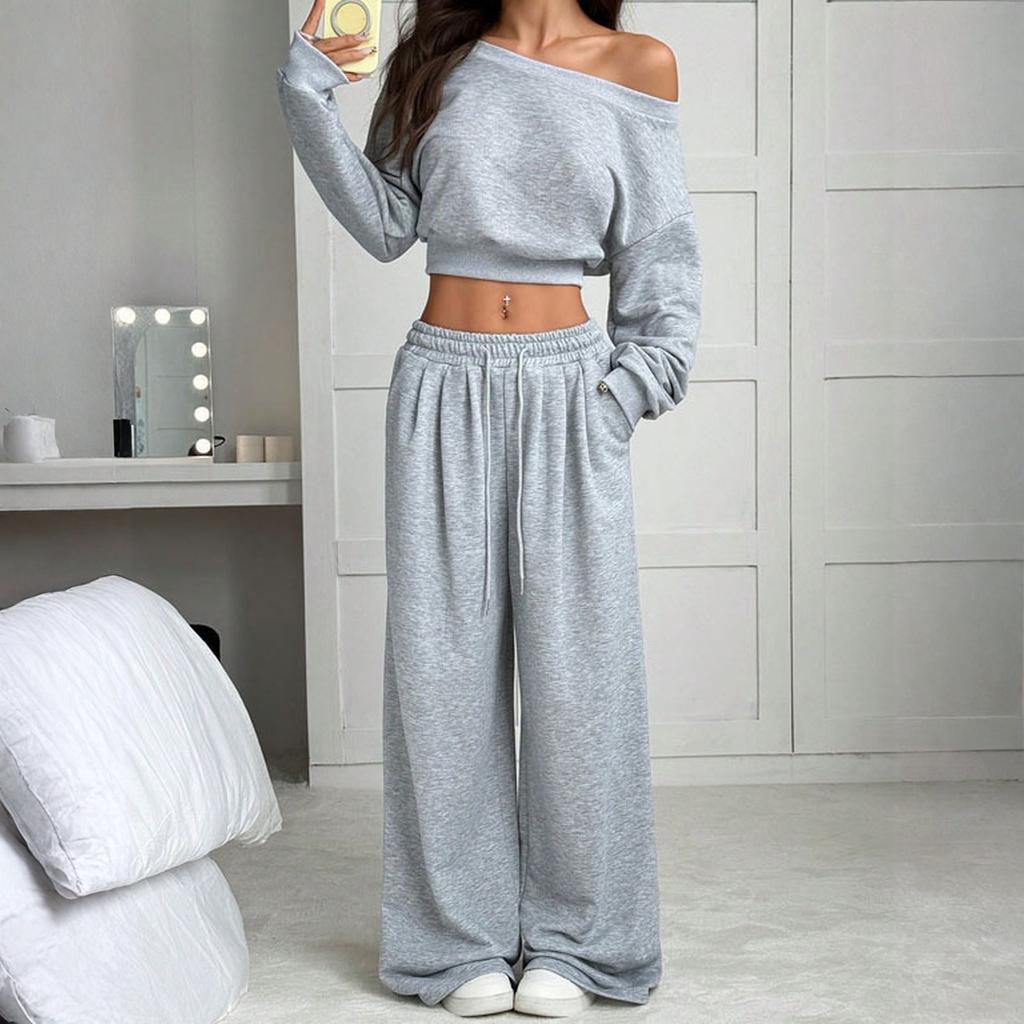 Modisches Damen Off-Shoulder Tailliertes Lässiges Sweatshirt-Set