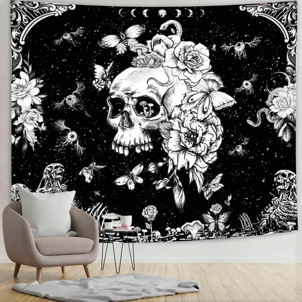 Black and White Gothic Tapestry for Bedroom Aesthetic,Skeleton Goth Witchy Tapestries Wall Hanging, Skull Floral Poster Backdrop
