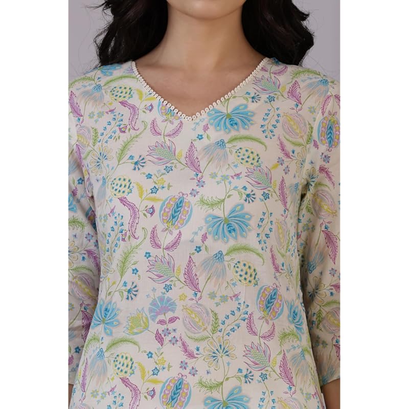 W for Woman Light Beige Floral Printed Pure Cotton Straight Kurta (Size: 3XL)-W12333-125455