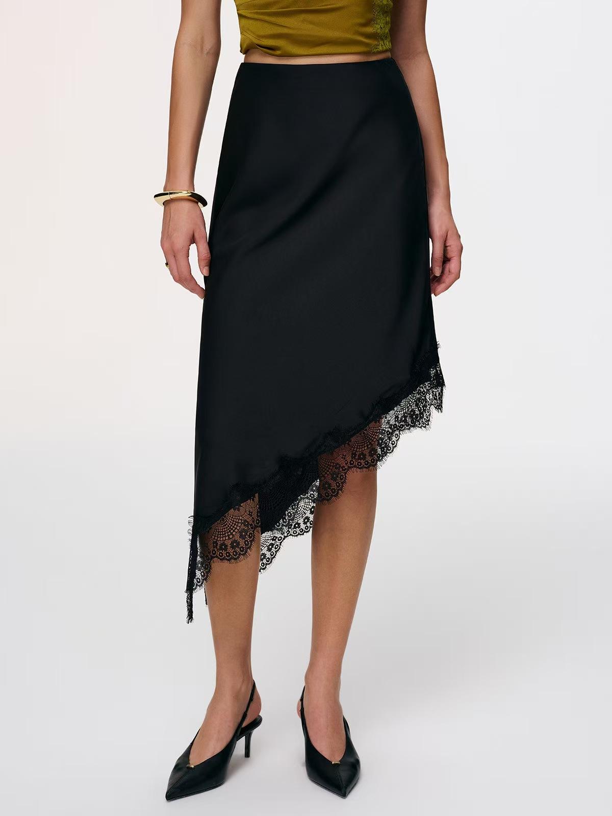 Women s High Waist Solid Satin Midi Skirt Asymmetric Hem Lace Patchwork Elegant A Line Office Skirt S