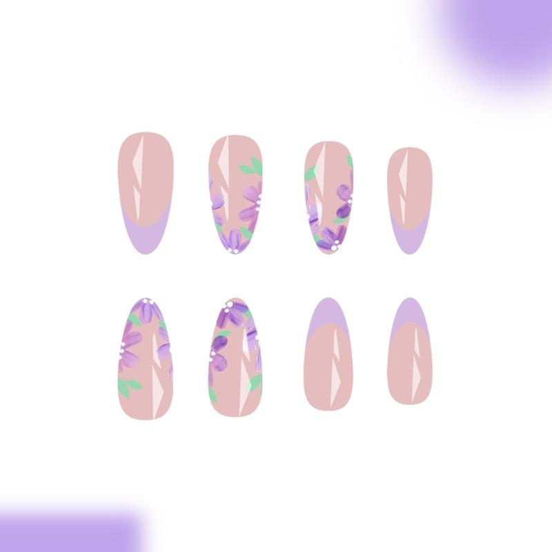 Waterproof Press On Artificial Nail With Violets Floral Art Plastic Nail Tips For Party Wedding