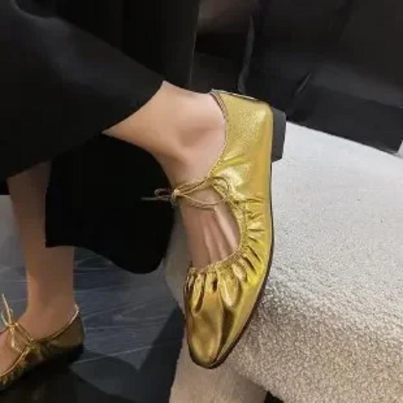 Women Flat Shoes Genuine Leather Sheepskin Comfort Flats Slip On Silver Beige Simple Shoes Spring Autumn Soft Loafers Square Toe