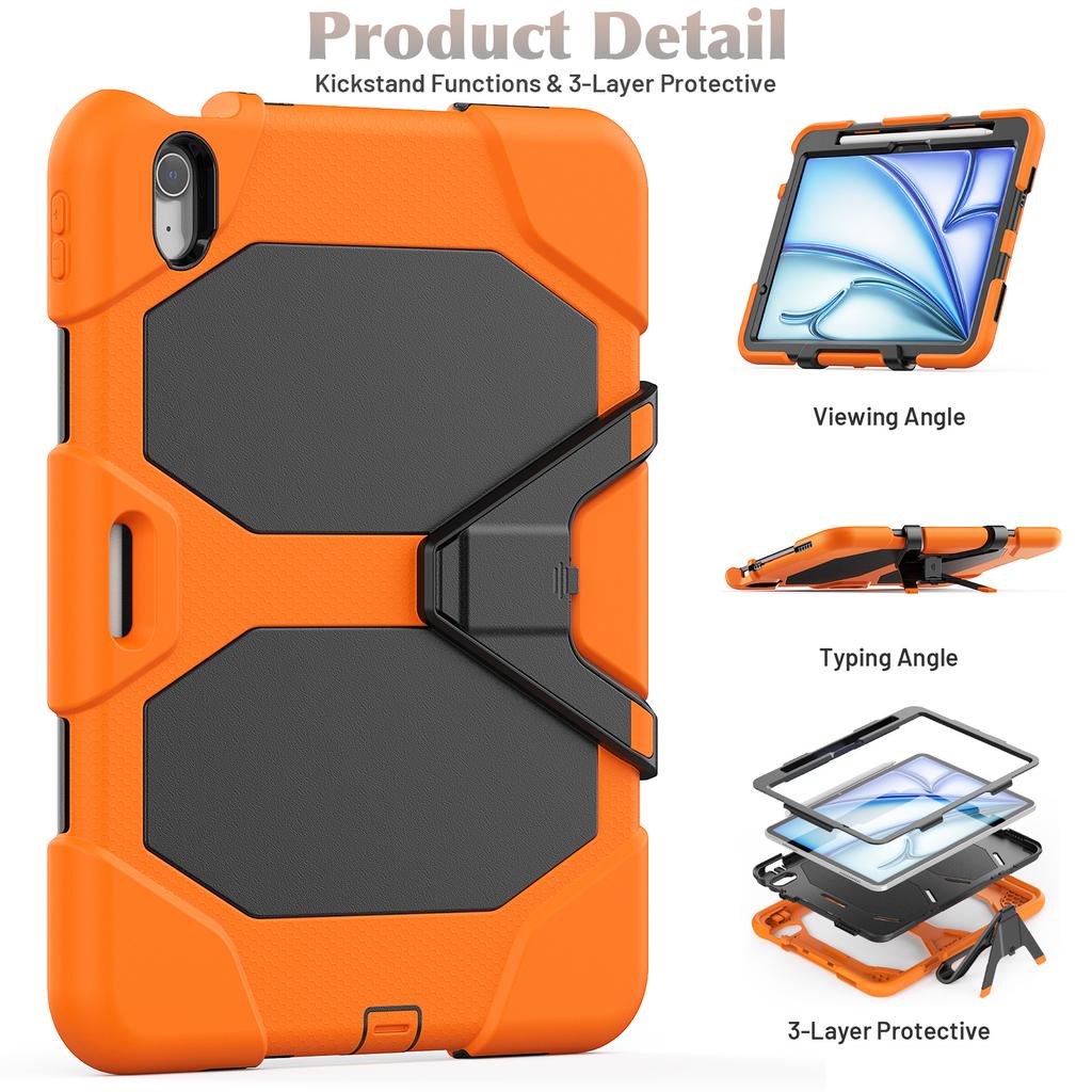 For iPad Air 11 (2025)/(2024) Case with Built-In Screen Protector Kickstand PC + Silicone Tablet Cover