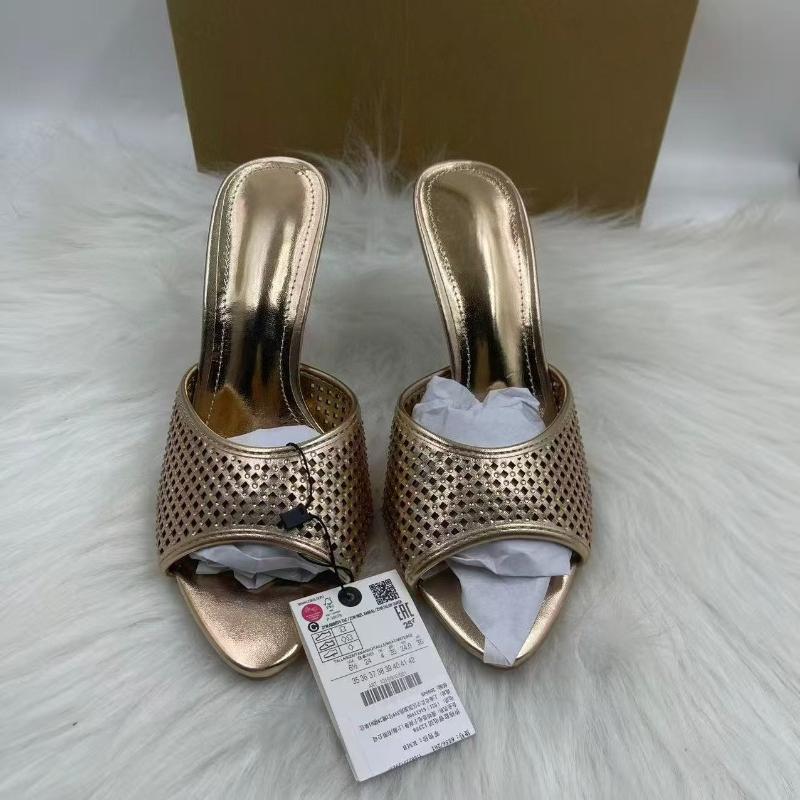 

Women’s Gold Metallic Stiletto Mules Open Toe Perforated High Heels Sexy Slip-On Sandals for Summer Party Wedding Evening Club 36 золотой