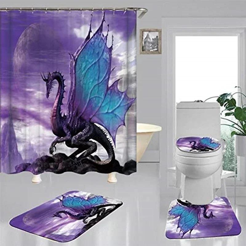 Flying Dragon Printed Waterproof Shower Curtain Set Toilet Cover Mat Non-Slip Bath Rugs Bathroom