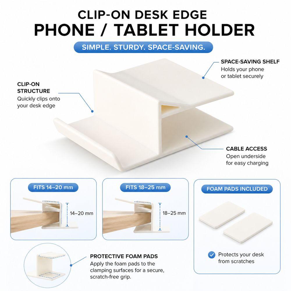 Plastic Desk Edge Phone Holder Stable Space-Saving Clip On Tablet Stand Clamp On Floating Phone Shelf For Phones and Tablets