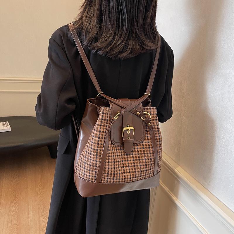 Karierte Umhängetasche mit großer Kapazität für Damen im Vintage-Stil, Einkaufstasche, Rucksack