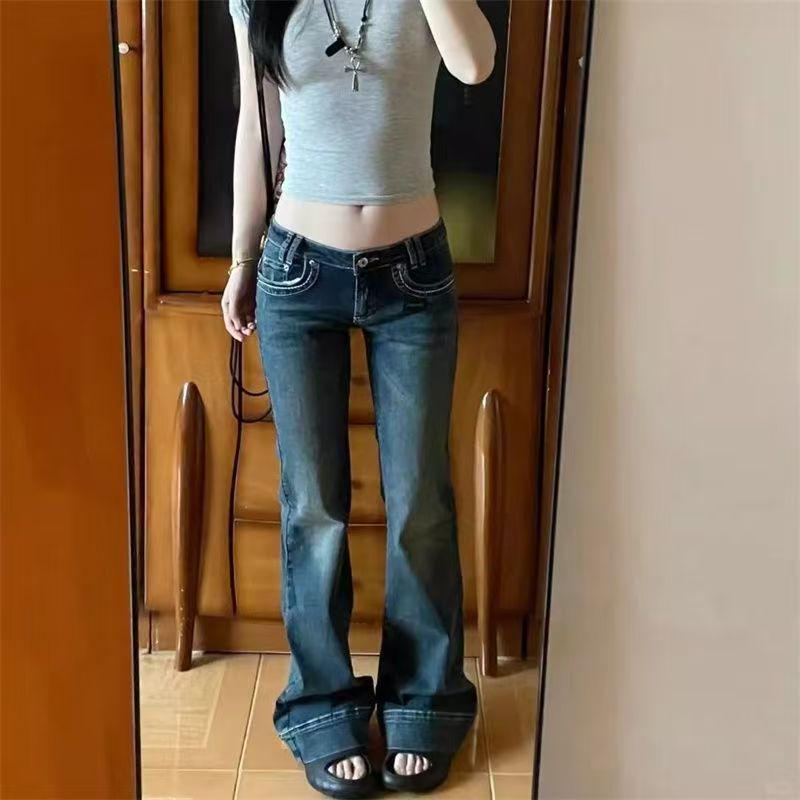 Retro Spicy Girl Distressed Low-Waist Flare Jeans for Women - Petite, Versatile Narrow-Leg, Floor-Length Medium синий