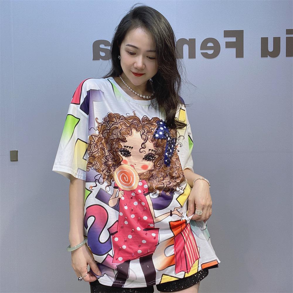 Colorful Fashion Printed T Shirts Women Summer Clothes Casual Cartoon Girl Diamonds Beading Short Sleeve Tops Tee