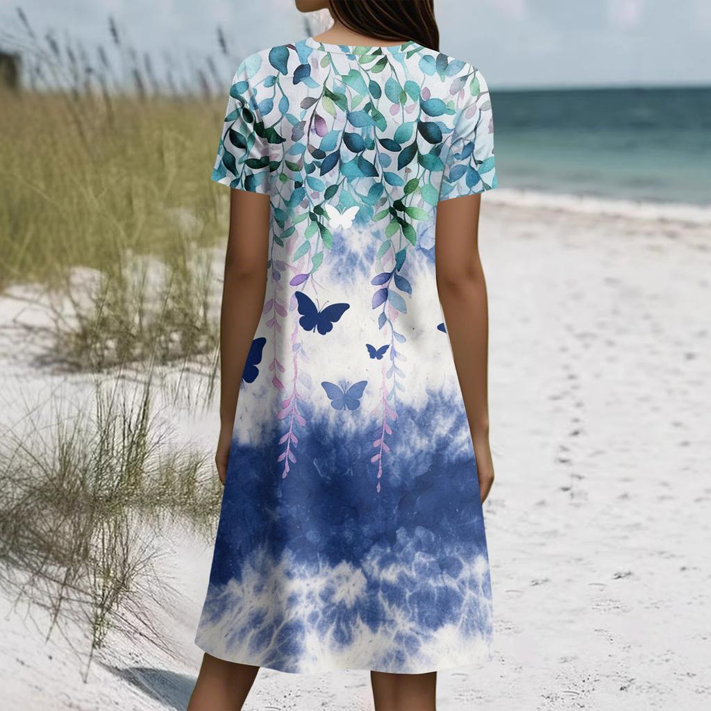 Short Sleeve Boho Dress For Women Casual Loose Fit Summer Sundress Floral Print Dress With Pockets