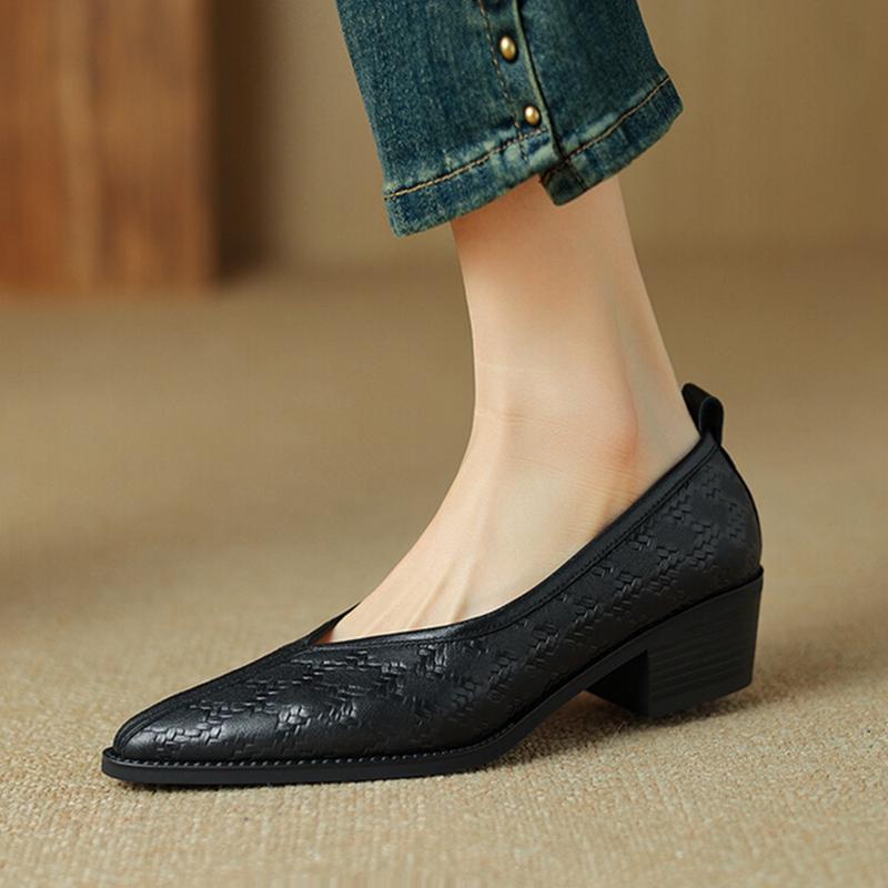 Fashion NEW Spring/Autumn Women Pumps Pointed Toe Chunky Shoes Genuine Leather Shoes for Women Concise Splicing High Heels Slip-on Shoes