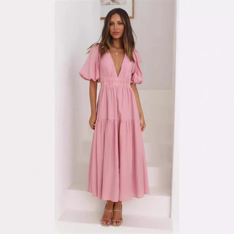 Women's Casual Fashion Trend Summer V-neck Waist Midlength Dress