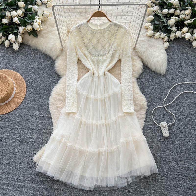 French small fragrant style, foreign style, heavy industry, beaded sequined lace, long-sleeved splicing, waist and thin temperament mesh dress One size fits all абрикосовый