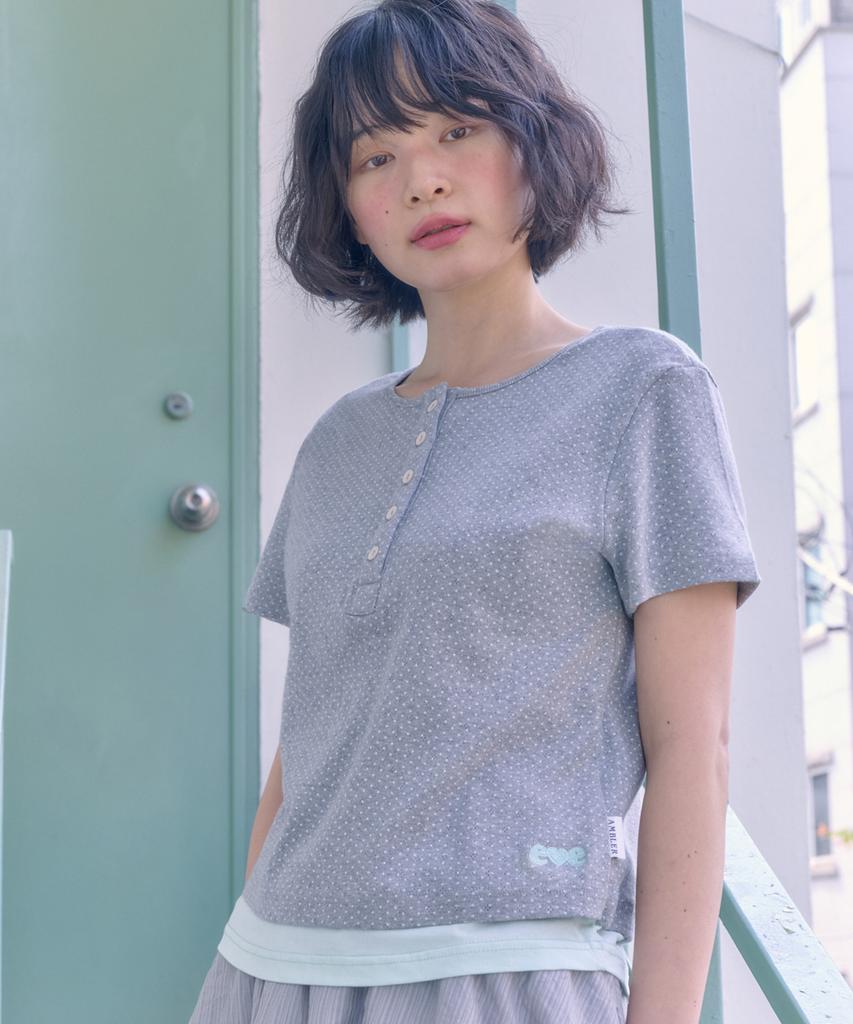 AMBLER Bottom Dot Layered Embroidered Short Sleeve T-Shirt Acr703 (Melange)