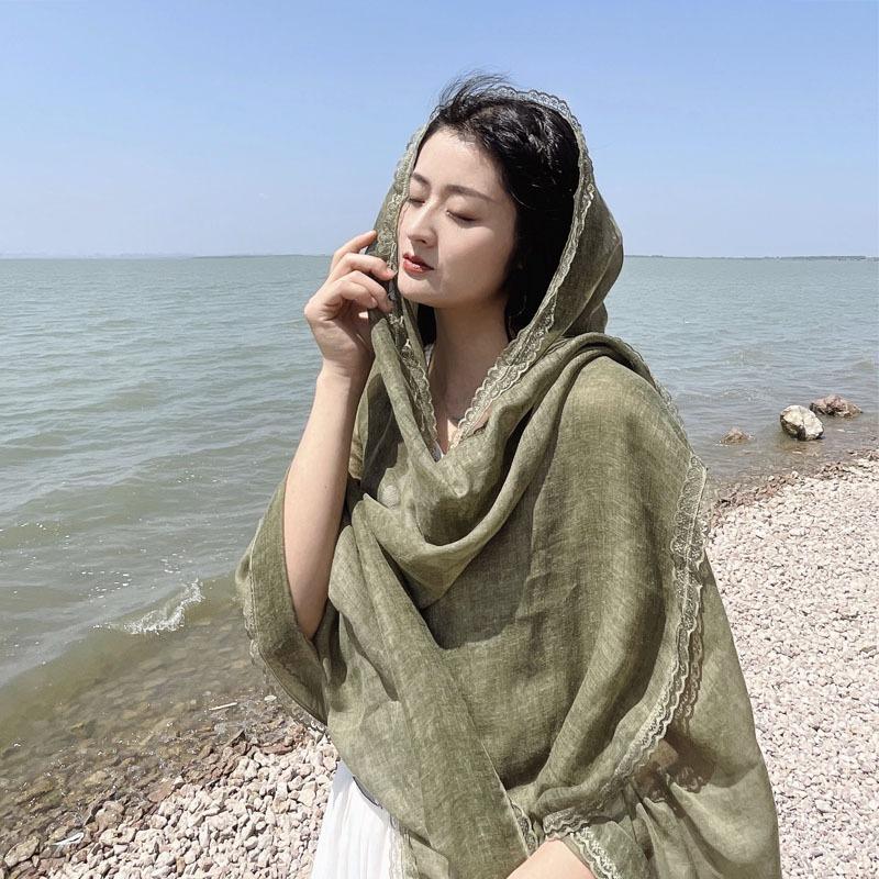 Mary Exquisite Niche Solid Color Shawl Dunhuang Grassland Sunshade Cotton and Linen Desert Grassland Bandana Shawl
