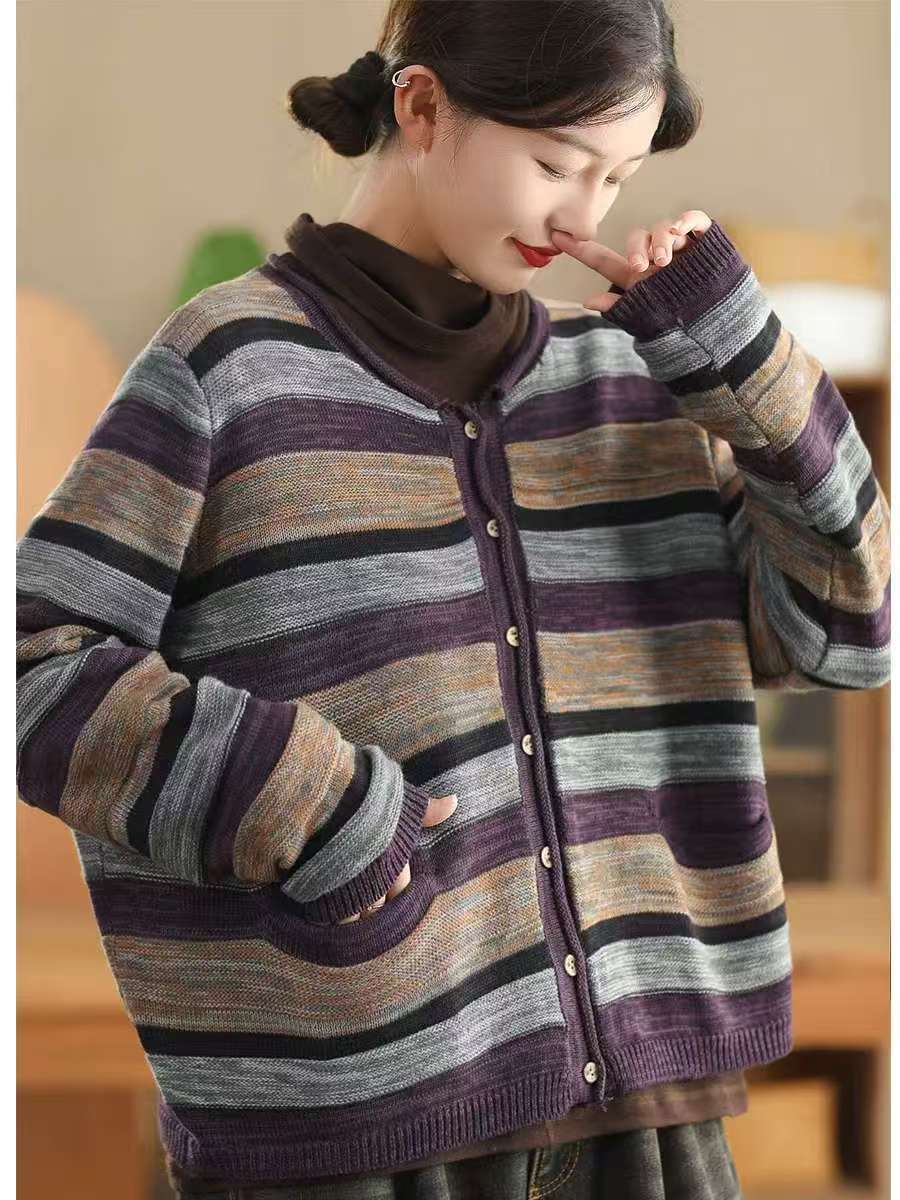 

Johnature Женские винтажные полосатые трикотажные полотна с круглым вырезом и длинным рукавом на пуговицах, мягкие повседневные пальто One Size фиолетовый