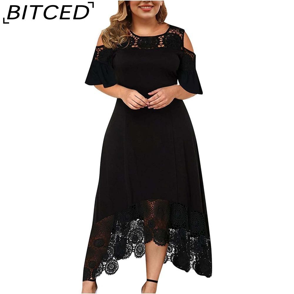 

BITCED Вышитое кружевное пэчворк платье большого размера для женщин с коротким рукавом и открытыми плечами, высокая талия S чёрный