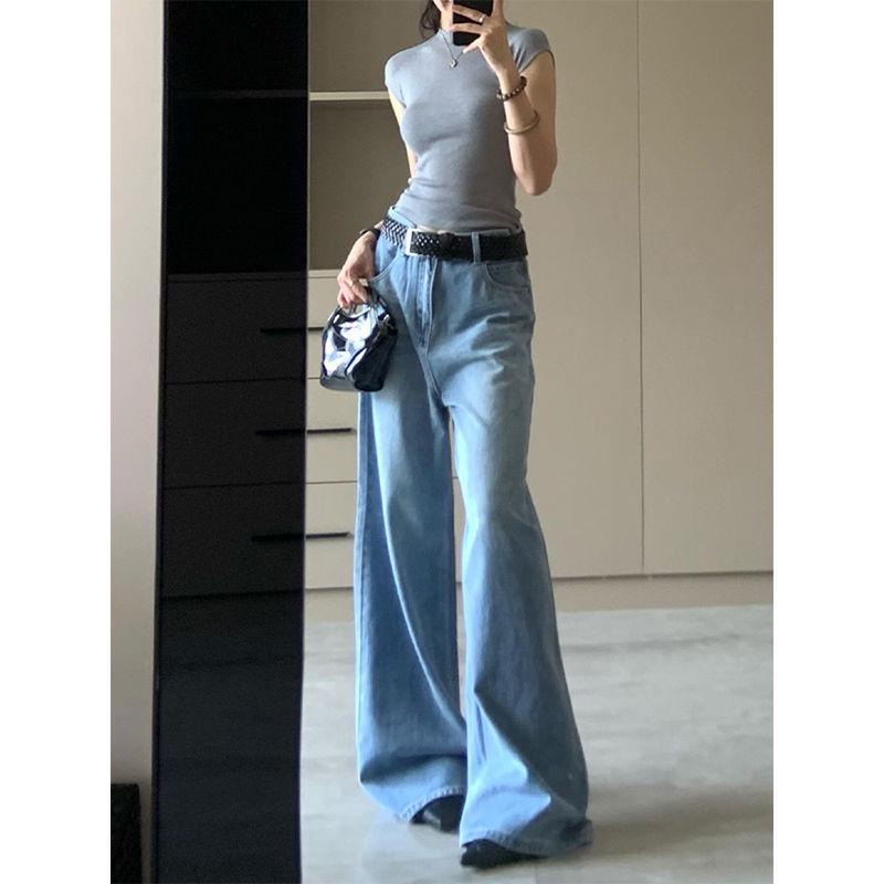 Women's Extra Long Light Blue Wide Leg Jeans - High Waist, Loose, Slimming, Versatile, Drapey, Straight Leg, Floor Length.