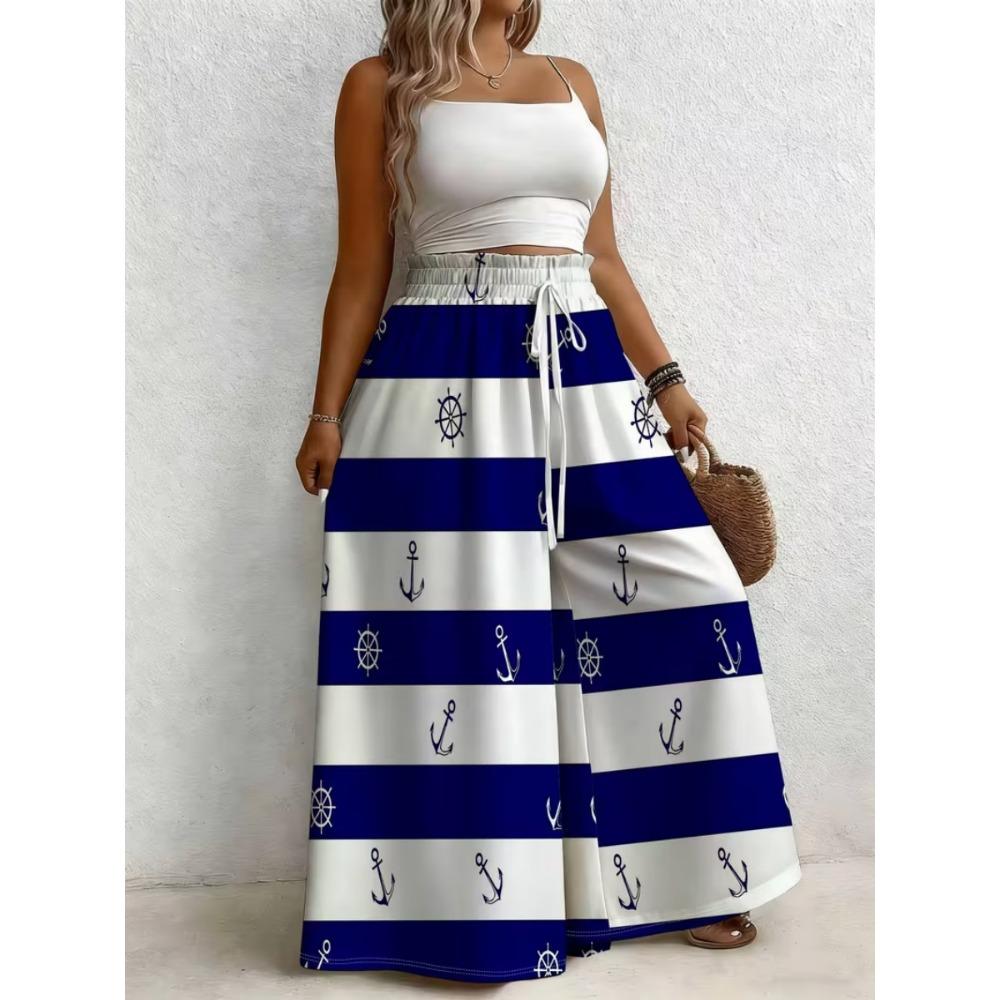 Large size women's printed loose wide leg pants, elegant with pockets, suitable for vacation and daily wear