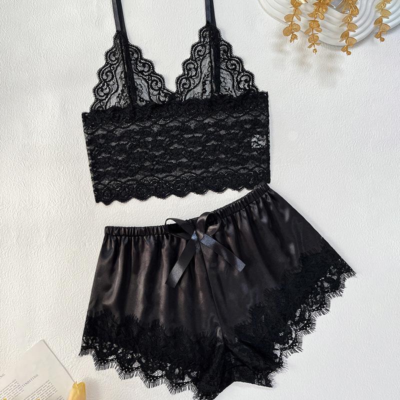 

2025 весна новый сексуальный комплект нижнего белья сексуальный кружевной жилет имитация шелка комбинированный комплект пижамы женщины S