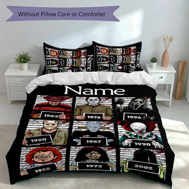 3pcs Custom Name Horror movies Set,Includes 1 Duvet Cover and 2 Pillowcases,All-season Bedroom Decor