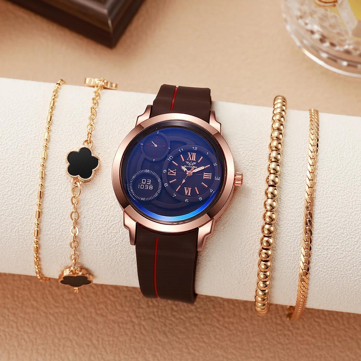 

Fashion Large Disc Silicone Strap Sporty Women s Quartz Watch Bracelet Set of 5 for Holiday Gifts кофейный