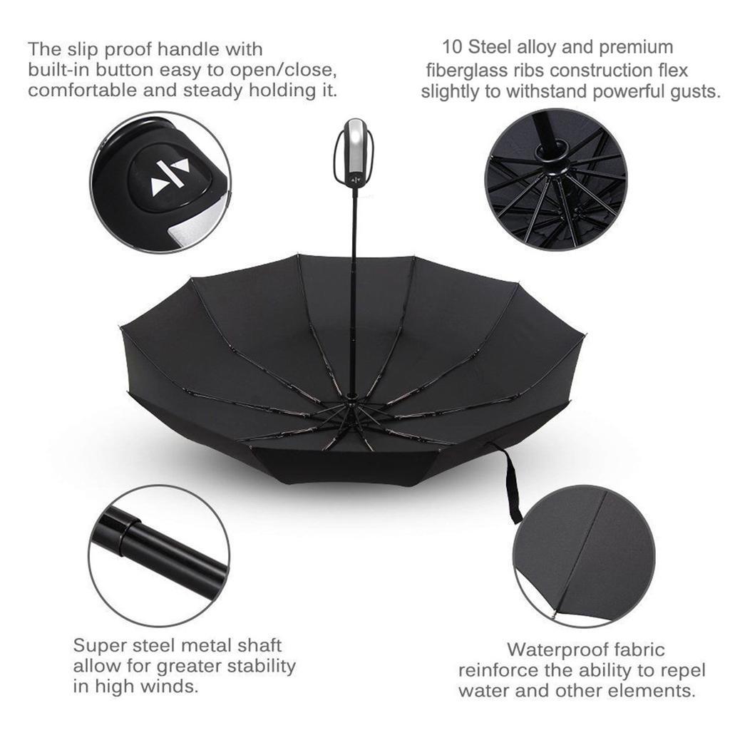 10 Ribs Automatic Travel Umbrella Auto Open Close Compact Folding Rain Windproof
