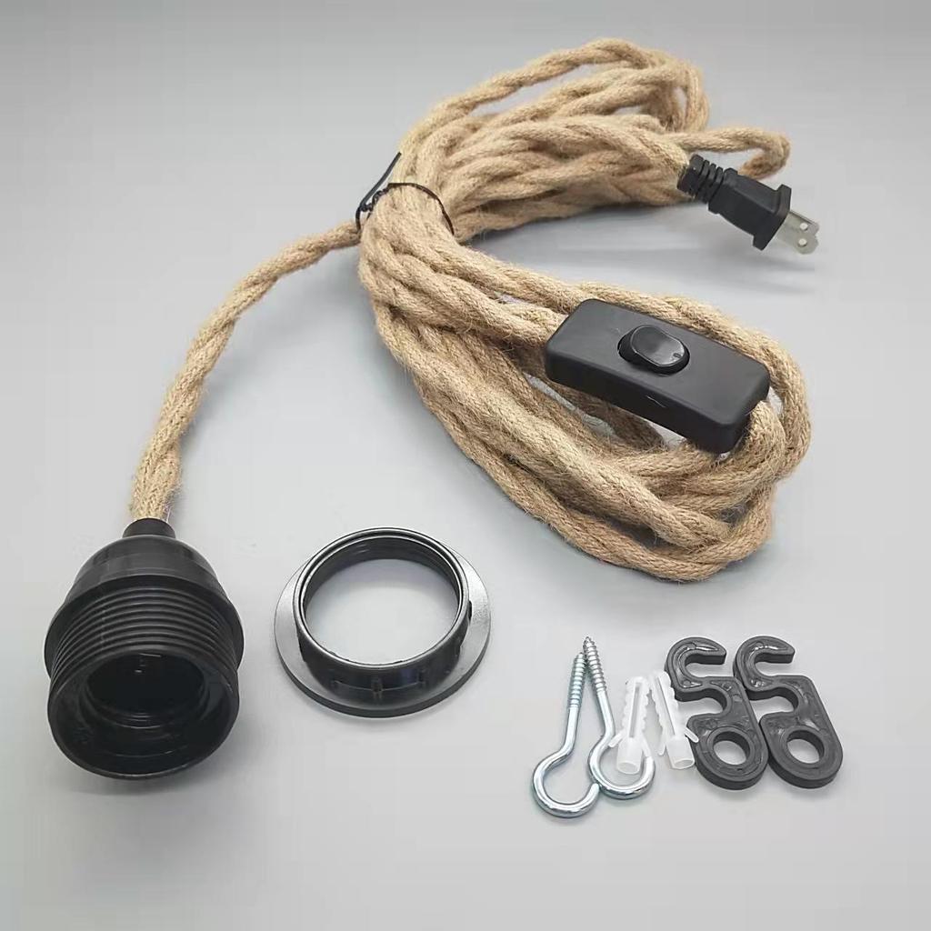Retro E27 Lampholder with Hemp Rope Power Cord & Plug Switch