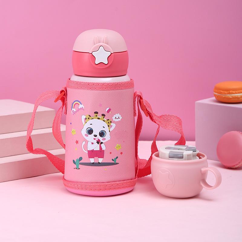 Мультяшный набор детских стаканов для воды из нержавеющей стали Katomb с ремешком, соломинками, термосом 500ml розовый