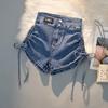 Dámské letní džínové šortky s vysokým pasem a šněrováním - Slim Fit, Obepínající hýždě, Trendy, Elastické Super Krátké Hot Pants