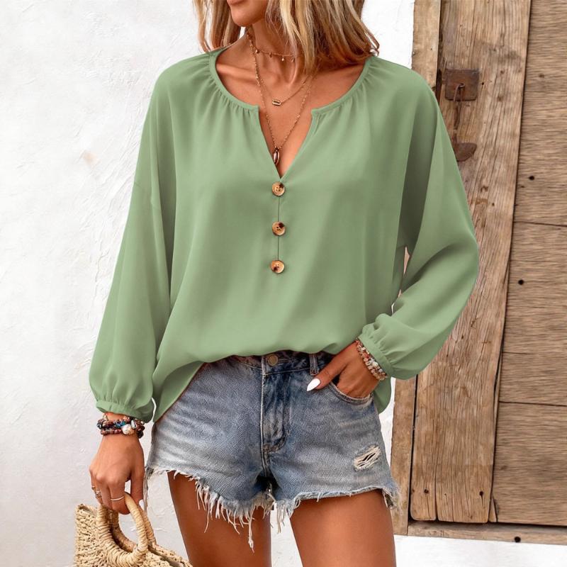 Women's V-Neck Button-Down Blouse Loose Long Sleeve Chiffon Top (Multi-Color)
