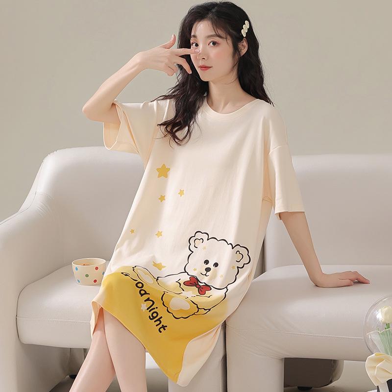 Women's Summer Short Sleeve Sleep Dress - Plus Size, Medium Length, Cute and Sweet