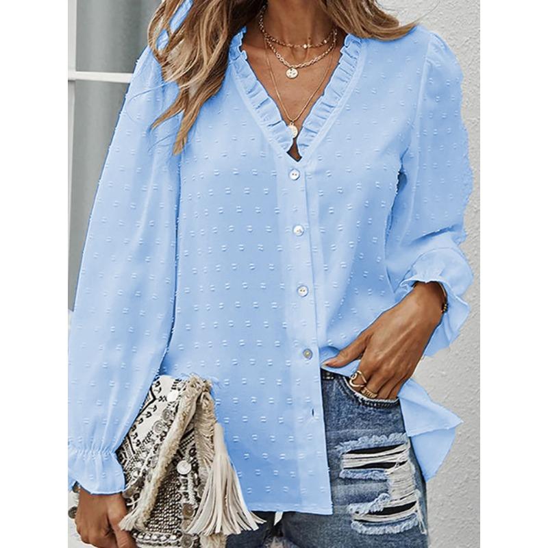IHUASU Women's Fashion Casual Solid Color Print V-Neck Long Sleeve Blouses & Shirts