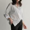 1116 autumn new medium and long loose blue vertical striped BF large size long-sleeved shirt women's summer