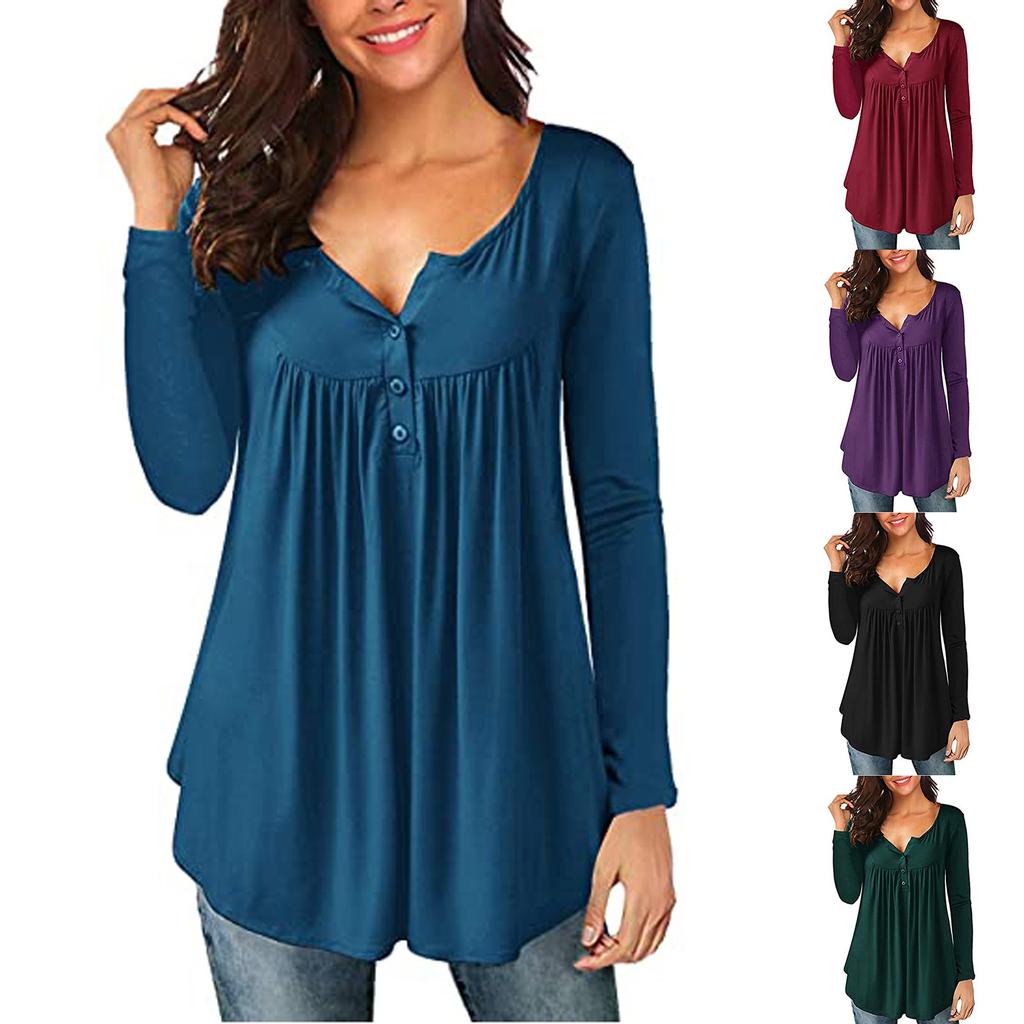 Ladies Fashion V-neck Button Pleated Long-sleeved Sleeves Two-wear Loose Top