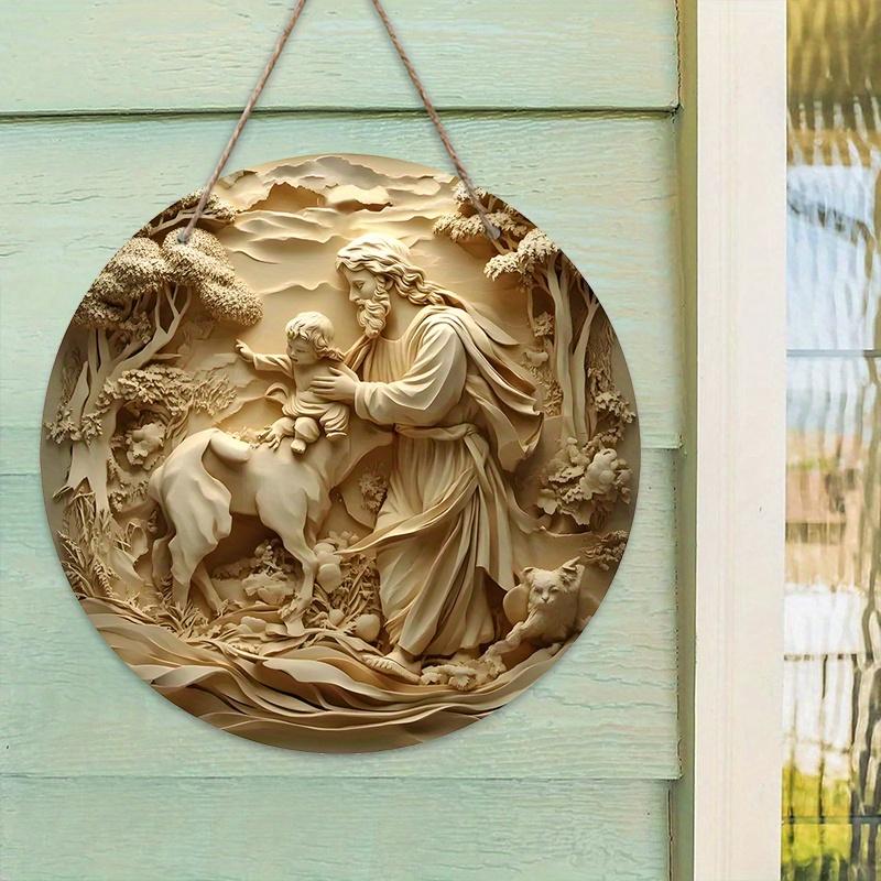 1 Stück Holzschild mit der Krippe von Jesus – 2D-Reliefeffekt, runder Wandbehang für Kirche und Heimdekoration, perfekte Weihnachtsdekoration, Weihnachtsdeko