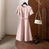 High-end fabric simple dress women's  summer new round neck waist a word satin solid color skirt