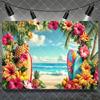 Hawaiian Tropical Summer Beach Background with Flamencos, Flowers, Aloha, Luau, Surfboard, for Parties, Photographic Studio Decoration